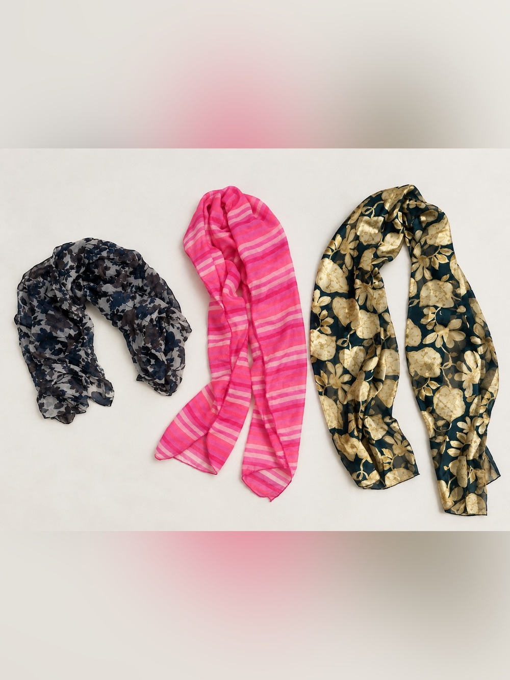 Lot of 3 Women’s Lightweight Scarves Floral Pink Stripe Navy Gold